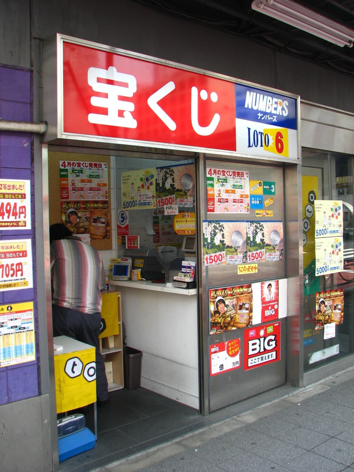 上野駅前の宝くじ売り場。赤い看板に白い文字で「宝くじ」